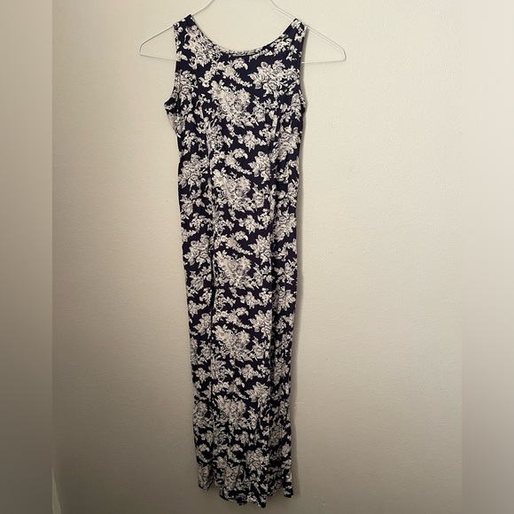 Vintage Dresses & Skirts - Vintage 90s Maxi Midi Midaxi Dress Floral Navy Tie Back